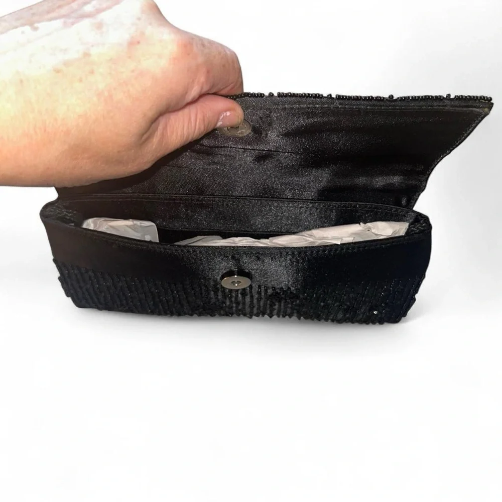 Vtg Black Seed Bead Sequin Clutch Bag Evening 1960 Some beading falling off